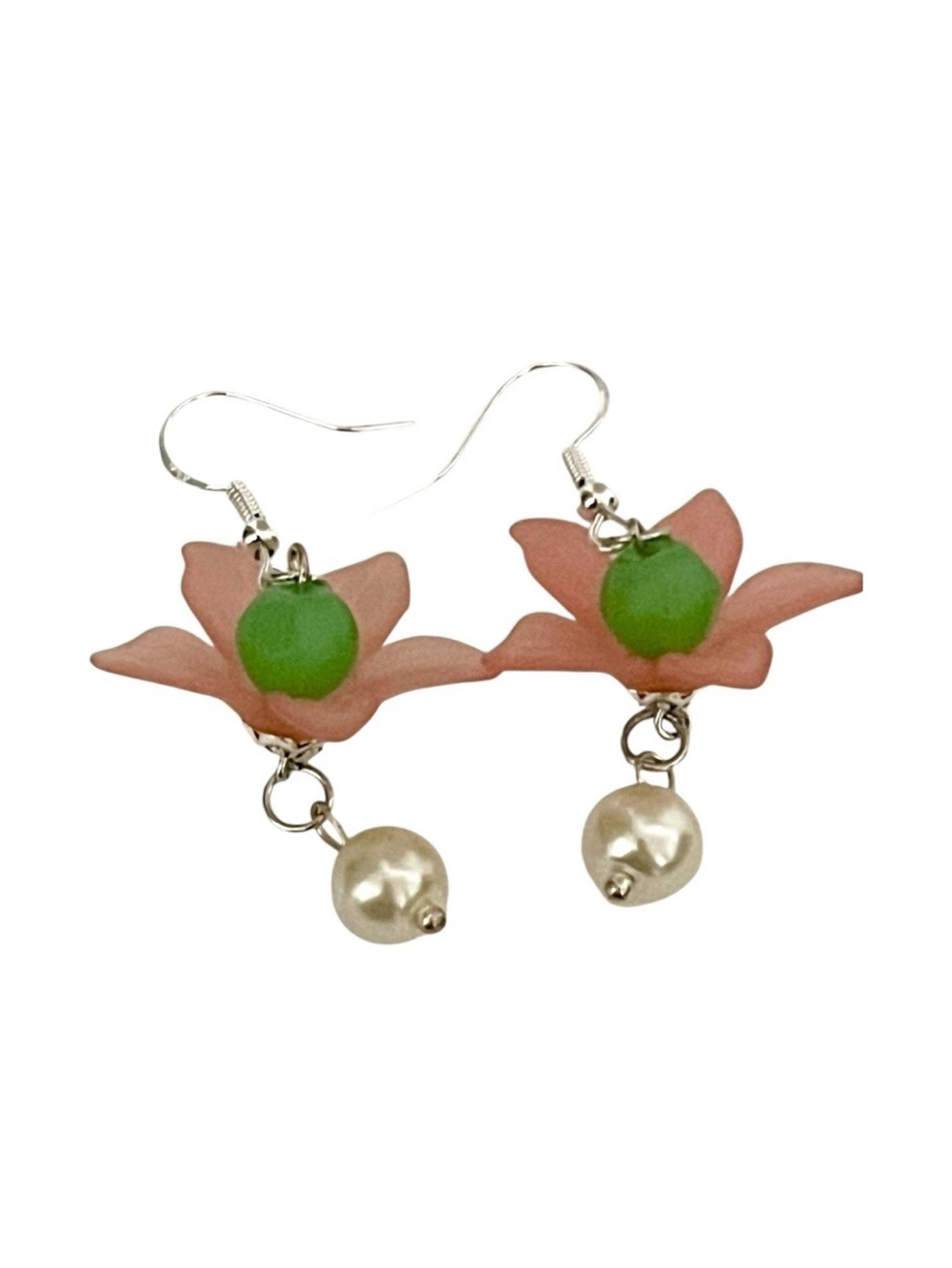 Pink Tulip Glass Flower Dangle Earrings With Pearl Drop And Green Leaf Accents - Picture 5 of 5
